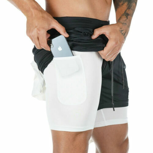 Pantaloncini da corsa sportivi da uomo palestra 2 in 1 allenamento fitness pantaloni ad asciugatura rapida Stati Uniti - Foto 6 di 16