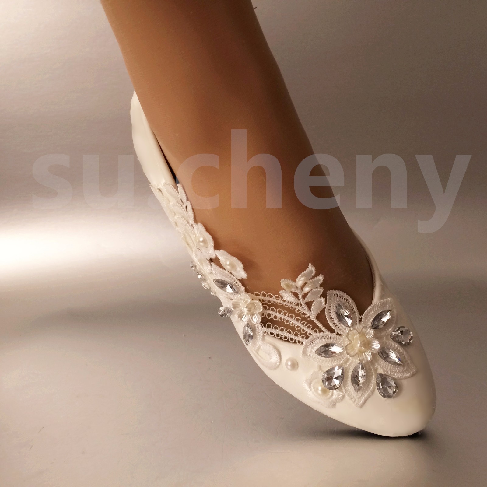 su.cheny White ivory lace Narcissus pearls flat Wedding shoesBridal ...