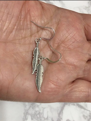 Silver Feather Charm Native American Style Dangle Earrings Men/Women, Unisex - Picture 3 of 3