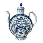 Large Vintage, Blue and White Chinese Tea Pot Featuring Dragons. Signed.