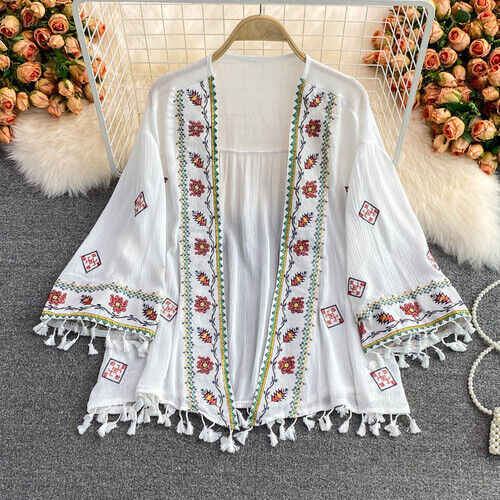 Womens Ethnic Embroidery Blouse Kimono Coat Tops Boho Floral Tassel Casual - Picture 16 of 18