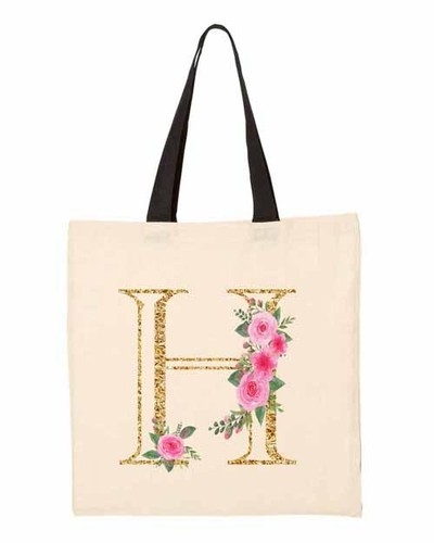 Personalized initial Tote Bag Flora Letter with Gold Alphabet Minialist Style - Picture 11 of 29