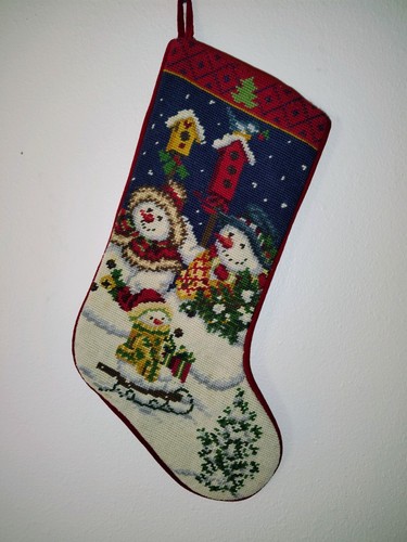 VINTAGE NEEDLEPOINT SNOWMAN FAMILY CHRISTMAS STOCKING