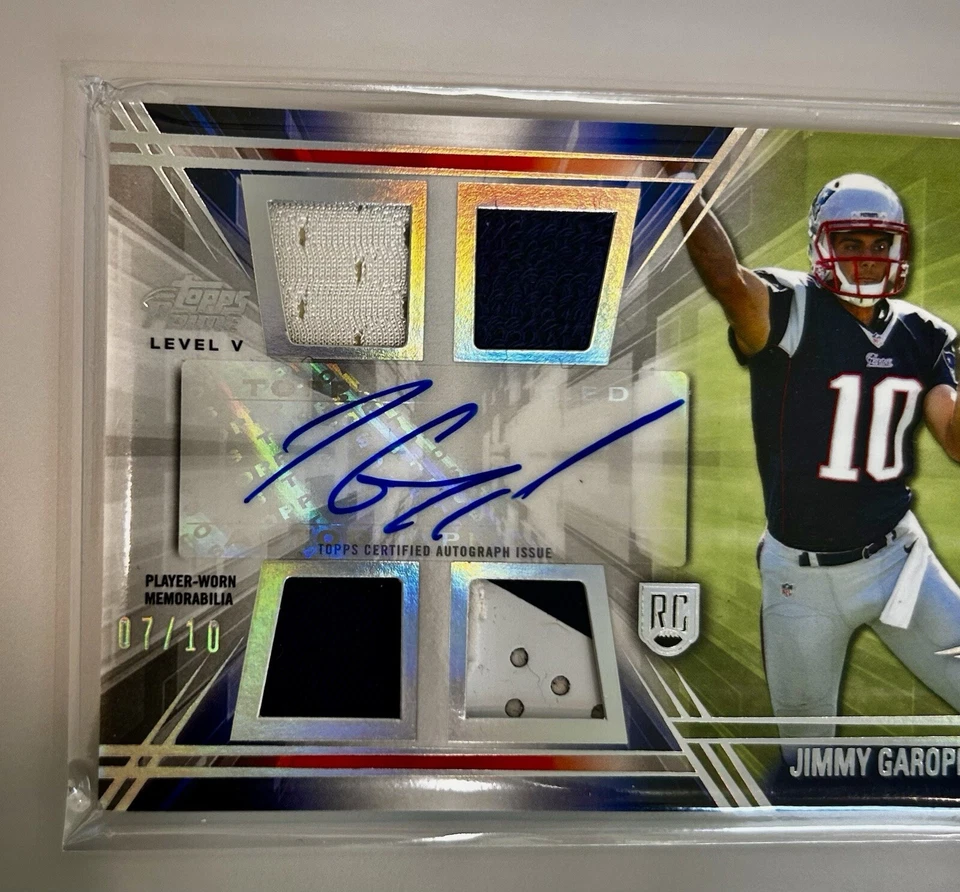 Jimmy Garoppolo 2014 Topps Prime parche cuádruple reliquia automático novato radiocontrol #7/10 Patriots Foto 3 de 4