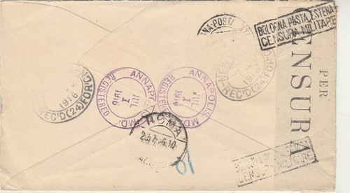USA-ITALY V. Rare Reg. Letter WWI Censored Multi 2c. & 1c. Annapolis-Roma 1916 - Picture 3 of 3
