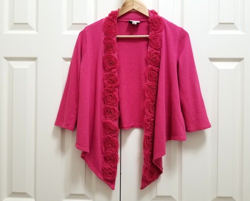 Women's Beige By ECI Hot Pink Roses 3/4 Sleeves Cotton Open Cardigan Sweater S - Bild 1 von 6