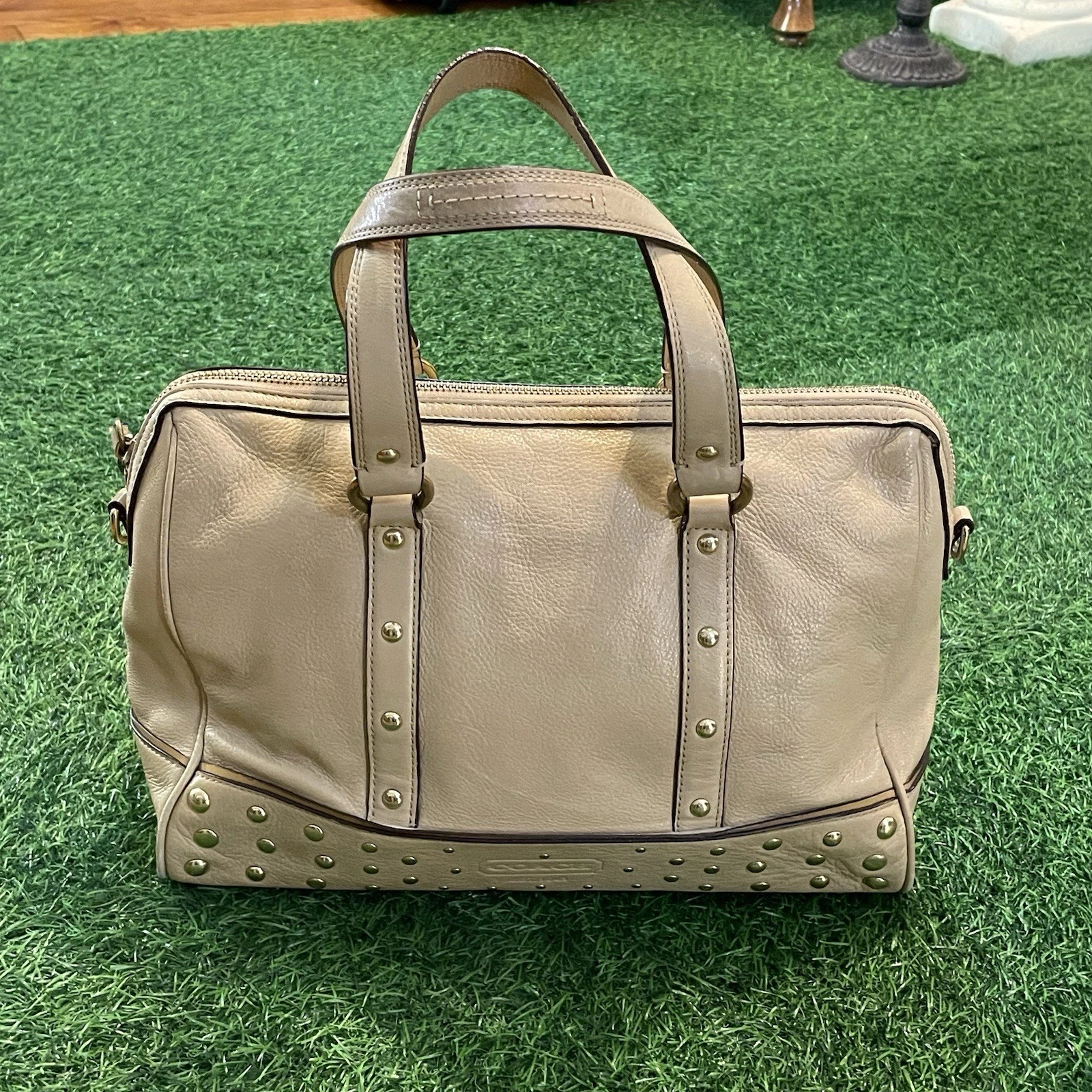 Coach Z20882 Studded Leather Satchel Tote Bag Beige Pink Y2K Handbag