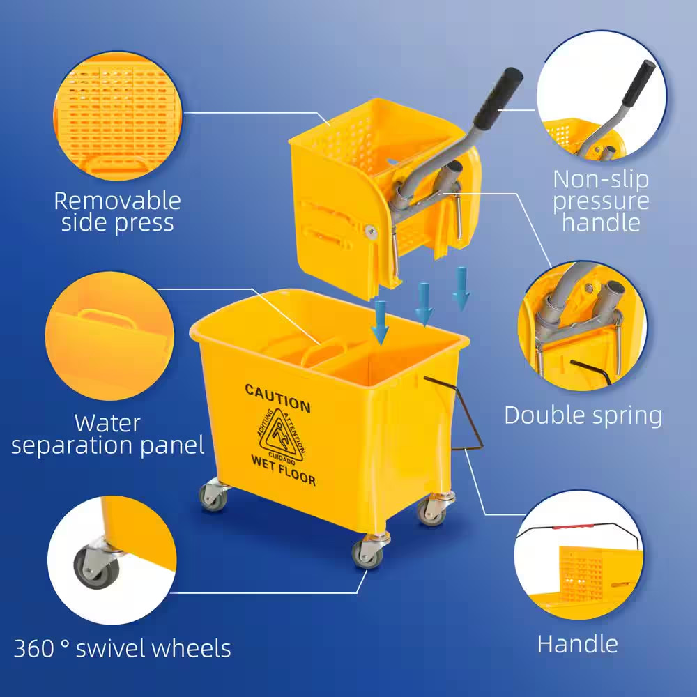 Mop Bucket Wringer Commercial Cleaning Yellow Plastic Rolling Wheels 5 Gallon