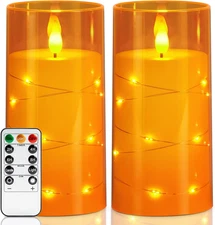 Flameless Candles with Embedded Star String Fairy Lights, Battery Operated Candl