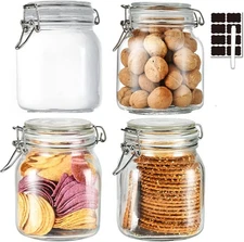32oz Glass Food Storage Jars with Airtight Clamp Lids Set of 4 Canister Square-
