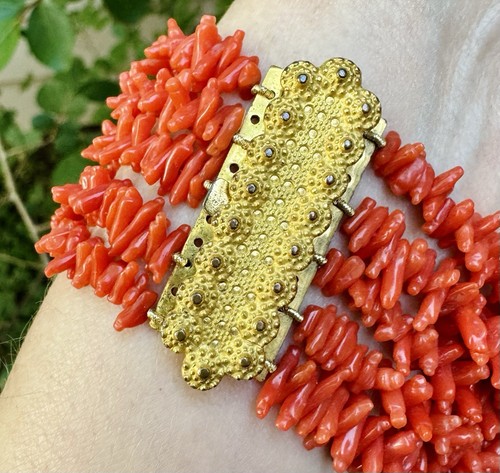 Antique Pinchbeck Gilt Red Coral Bead Bracelet Late Georgian-Early Victorian 39g - Picture 12 of 15