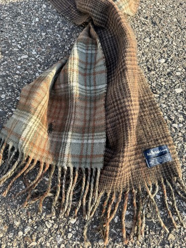Sciarpa Polo Ralph Lauren Italia marrone a quadri tartan lana di agnello frange 77 pollici x 10 pollici - Foto 5 di 6