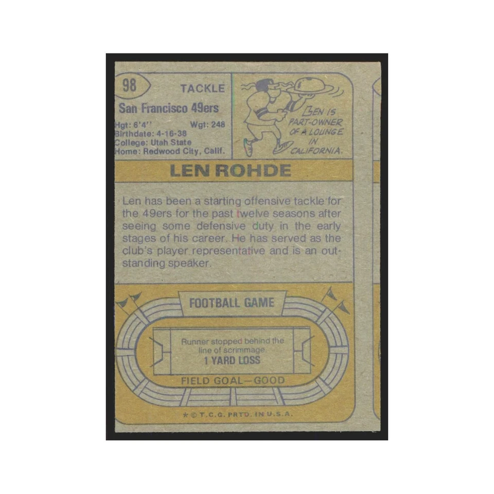 1974 Topps Len Rohde 49ers #98.0 - Image 2 of 3