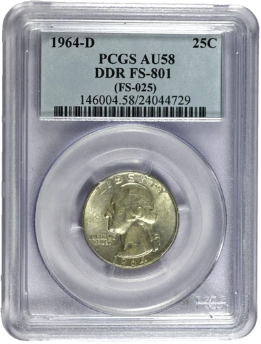 1964-D PCGS AU58 DDR FS-801 (FS-025) Washington Quarter-Price Guide $98