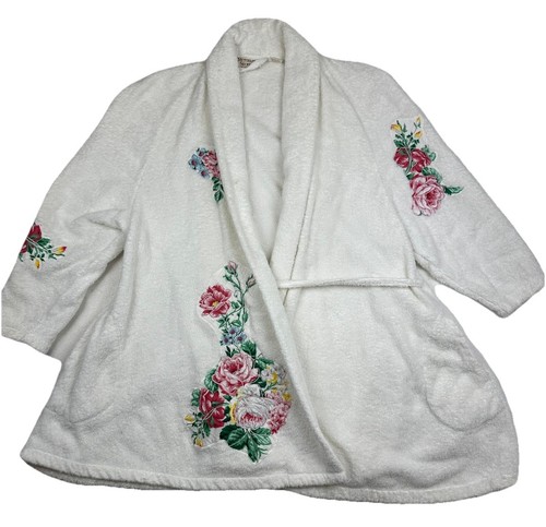 Vintage Victoria Secret Gold Label Robe OS White Terrycloth Floral Appliqué