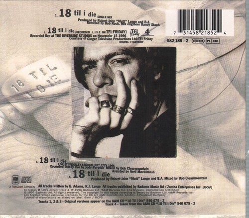 Bryan Adams 18 Til I Die CD UK A&m 1997 single mix digi pack b/w live on tfi - Picture 2 of 2
