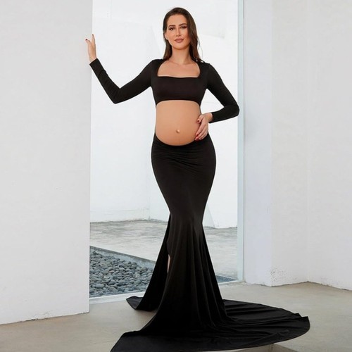 Maternity maxi dress S black long backless pregnancy photoshoot cut out gown new - Picture 7 of 12