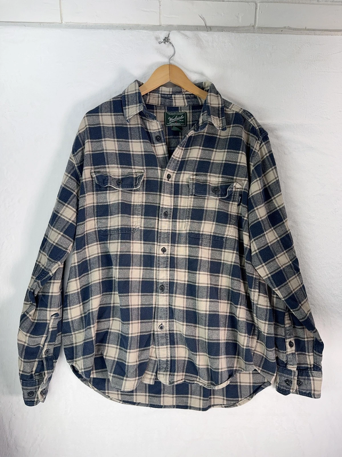 Woolrich Shirt Mens XL Blue Beige Plaid Flannel Long Sleeve Outdoor Workwear