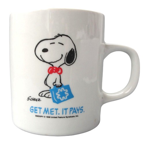 Vintage 1990 Get Met it Pays Met Life Peanuts Snoopy Ceramic Coffee Mug Cup - Picture 1 of 3