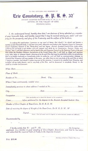 Erie Consistory 32° Masonic Application Form Ancient Accepted Scottish Rite