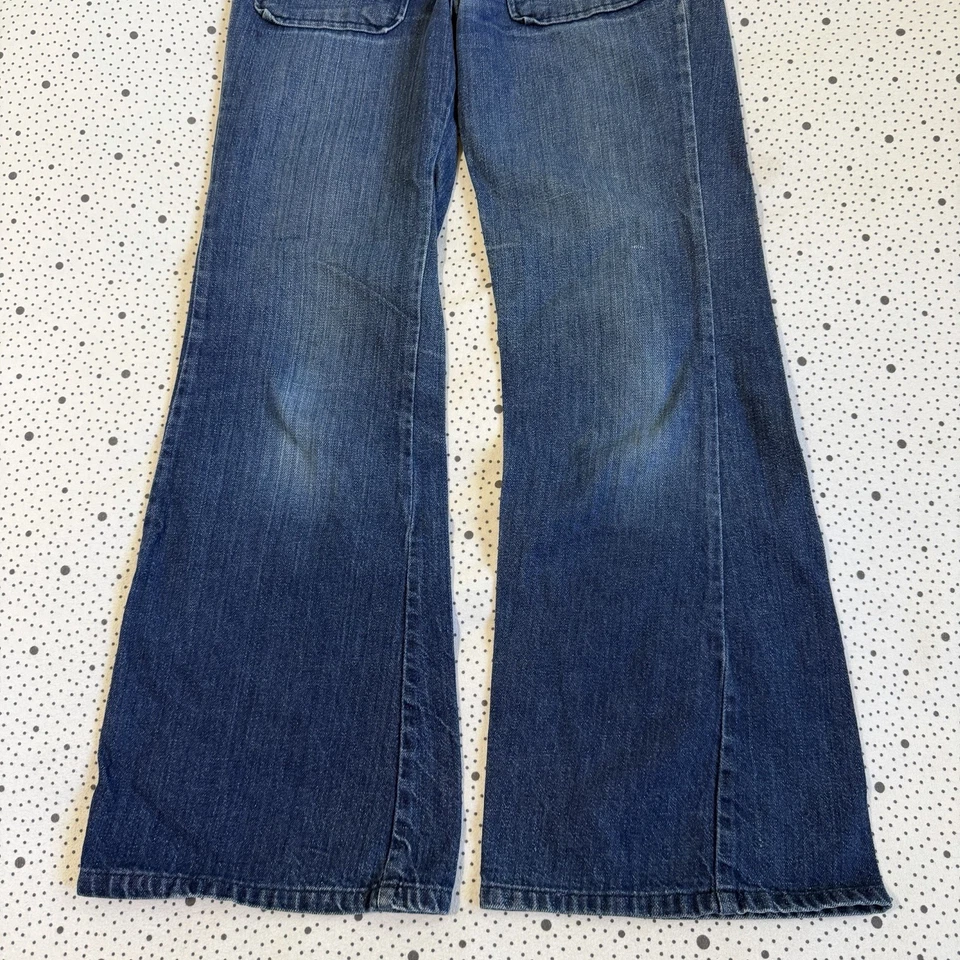 Pantalones de mezclilla vintage años 70 Sears Jr. Bazaar para niña 11 acampanados marinero botón mosca parche Foto 3 de 4