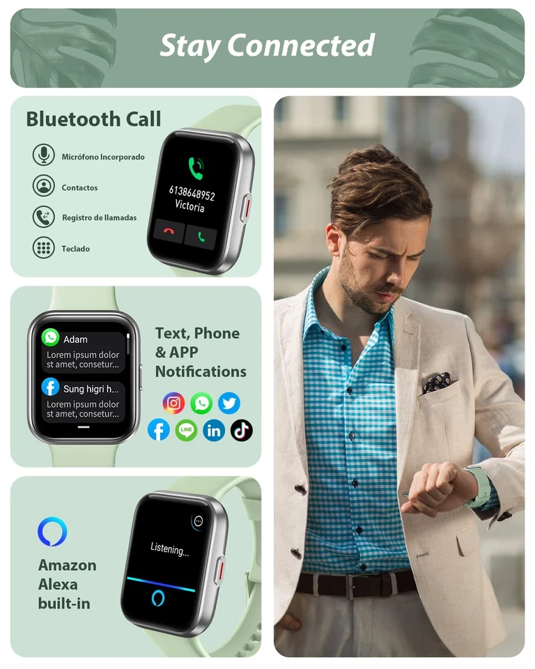 Умные часы для мужчин женщин (прием вызова/циферблат), Alexa встроенный, 1,8» сенсорный экран... - Изображение 2 из 4