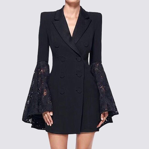 Women Blazer Dress With Lace Sleeves Designer Wedding Suit Black Dress, Size 6