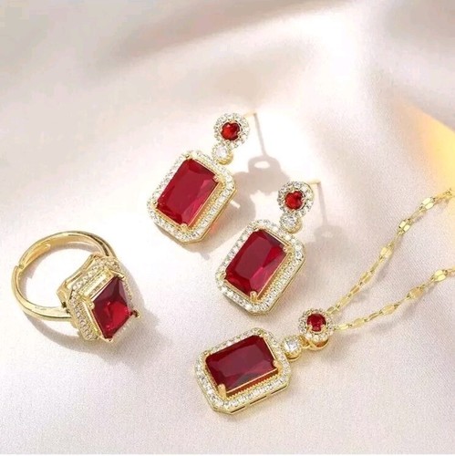 Gold Kristall Strass Halskette Anhänger Ring und Ohrringe rot Set UK - Bild 5 von 6
