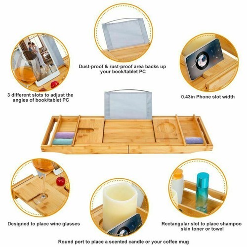 28-43inch Bathtub Caddy Bamboo Bathroom Bath Tub Rack for Cloth Book/iPad/Tablet - Picture 25 of 26
