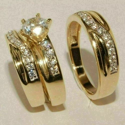 2Ct His & Her Created Diamond 14K Yellow Gold GP Trio Bridal Engagement Ring Set - Picture 2 of 2