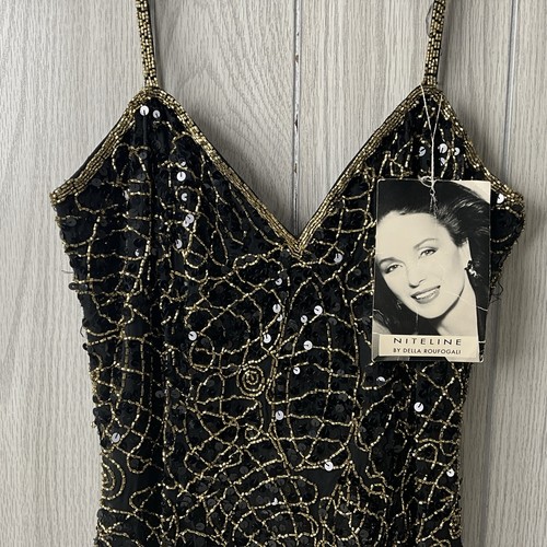 Niteline Della Roufogali BLACK Sequin Cocktail Dress Gold Trim Prom Sz 8 Vintage - Picture 3 of 16