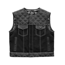 Mens Motorcycle Leather and Denim Vest Diamond Stitch Paisley Concealed Carry