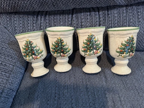 MIKASA Christmas Holiday Holly & Tree Goblets Mugs Cups Set 4 Vintage Stoneware