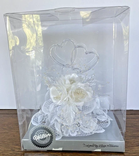 VTG WILTON Simple Joys White Wedding Cake Topper Floral & Hearts w/ Pearls MINT