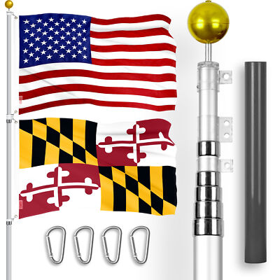 25 Ft Telescoping Flagpole Silver & American and Maryland Flags Emb 300D 3x5Ft