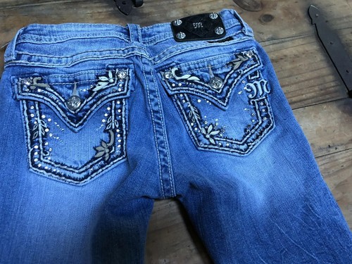 MISS ME Flap Pocket flower Rhinestone Cropped Capris Jeans Sz 14 Girls Light - Picture 4 of 4