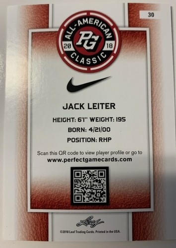 (2) JACK LEITER LEAF 2018 PERFECT GAME ALL-AMERICANCLASSIC TEXAS RANGERS! - Picture 2 of 2