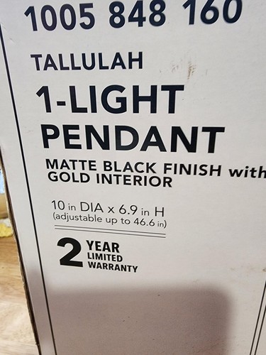 Hampton Bay Tallulah 1-Light Pendant Matte Black w/Gold Interior New - Picture 3 of 4