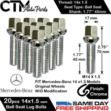 20PC MERCEDES CHROME 14X1.5 BALL SEAT LUG BOLT 45MM SHANK SHAFT FIT ORIGINAL RIM