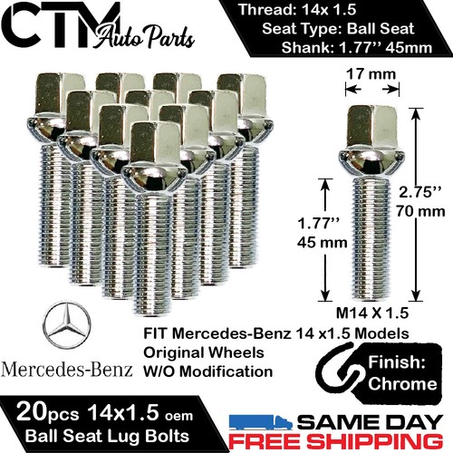 20PC MERCEDES CHROME 14X1.5 BALL SEAT LUG BOLT 45MM SHANK SHAFT FIT ORIGINAL RIM - Picture 1 of 2