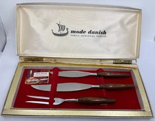 Vintage Mode Danish Stainless Sheffield England Carvmaster 3 Pc Set Wood Handles