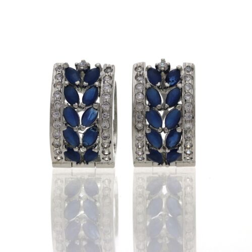 Dazzling Sapphire and Cubic Zirconia Women Hoop Earrings Silver PLated - Picture 1 of 7