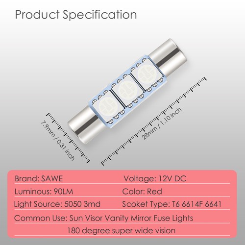 4 x SAWE Red LED Sun Visor Vanity Mirror Lights Bulbs T6 6612F 6614F 6641 28mm - Picture 2 of 5