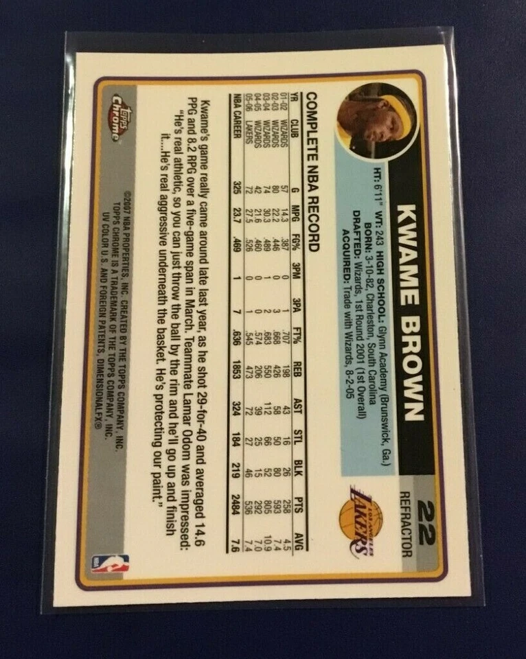 2006-2007 Topps Chrome # 22 KWAME BROWN Los Angeles Lakers Refractor LOOK! - Image 2 of 2