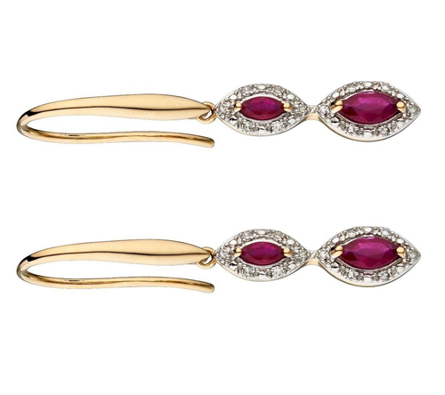 Ruby And Diamond Marquise Earrings 9ct Yellow Gold 375 Hallmark British Made - Picture 2 of 4