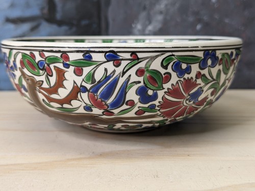 Handbemalte signierte kleine türkische Schale rot grün Blumen Hirsch Schmuck Schmuck - Bild 1 von 15
