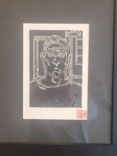 MYSTERY WOOD BLOCK PRINT: Signiertes Man Self-Portrait In Black n White Gerahmt - Bild 6 von 18