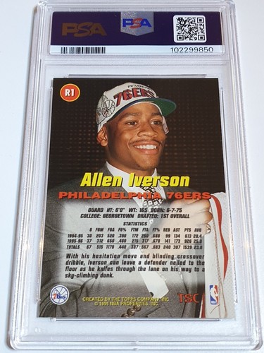 1996 Topps Stadium Club Allen Iverson Rookie #R1 Rookie 1 - PSA 9 (LOW POP) - Picture 2 of 2