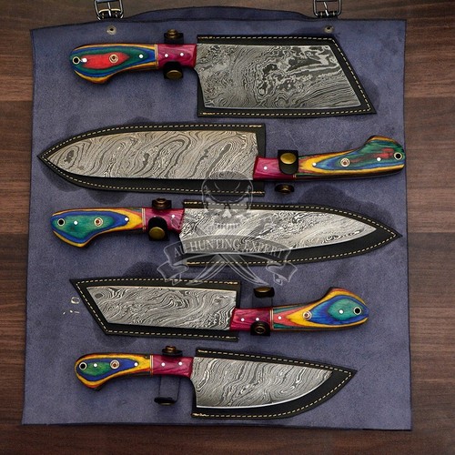 Handmade Damascus Steel Knife Set Of 5pcs With Leather Cover Chef Knives Set AU - Picture 4 of 5