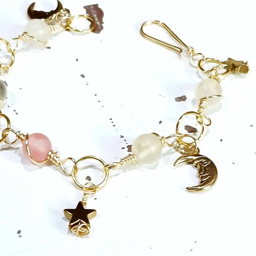 Cherry Quartz Crystal Beaded Bracelet, Charm Bracelet, Moons & Stars, 7.5" - Picture 3 of 5